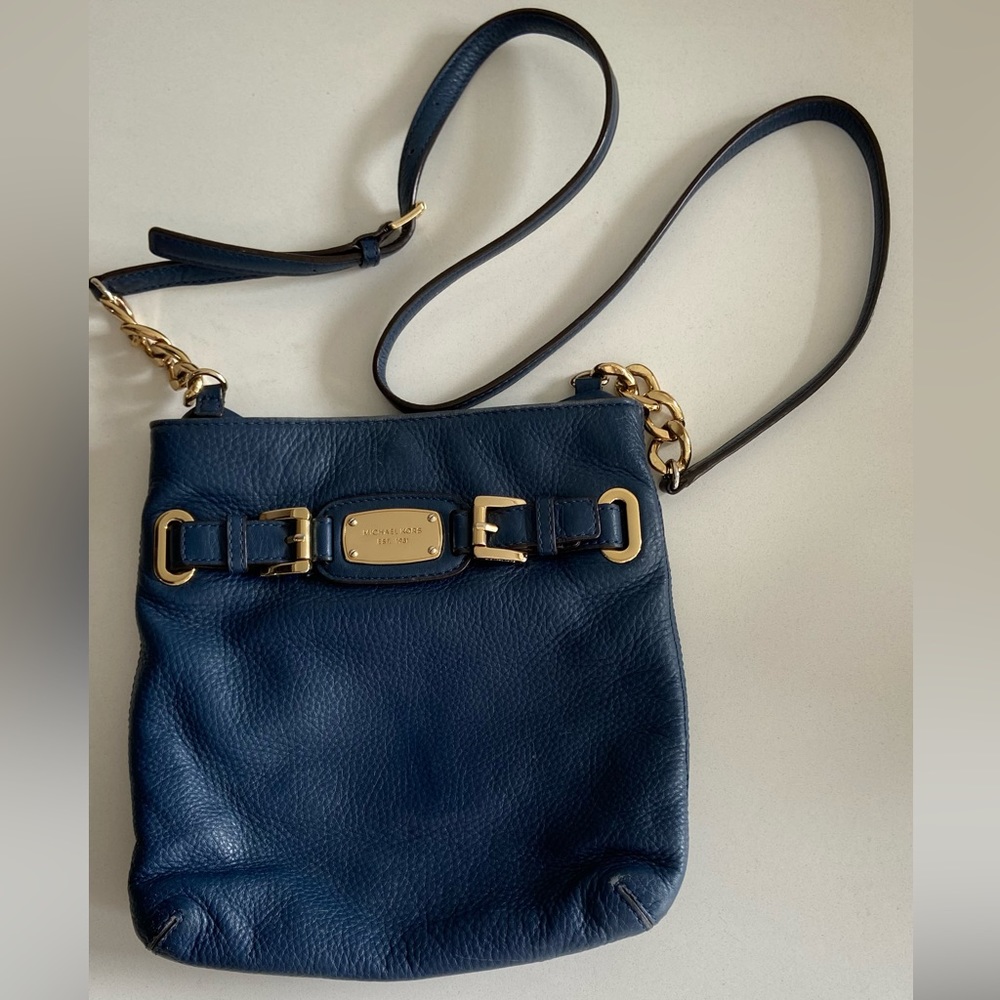 Michael Kors blue leather crossbody with gold accessories